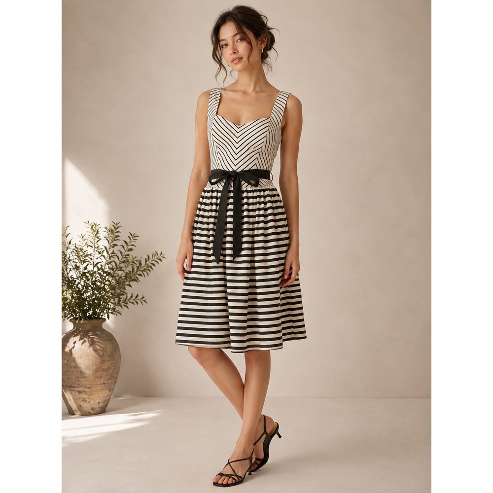 Corey Lynn Calter Dress Womens 2 Black White Excellent Striped Lace Up Back Twee